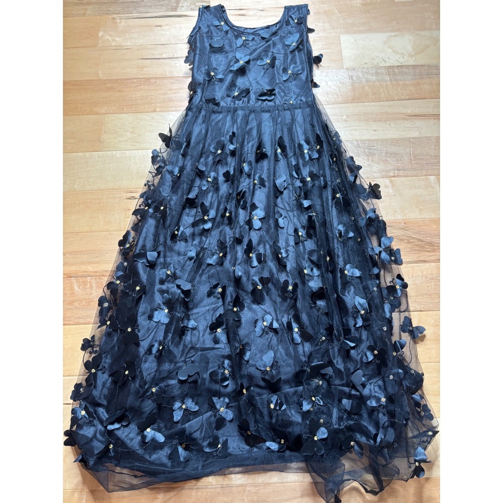 Unbranded 3D Butterfly Maxi Dress‎ Women Size S Black Gold Glitter Applique Mesh